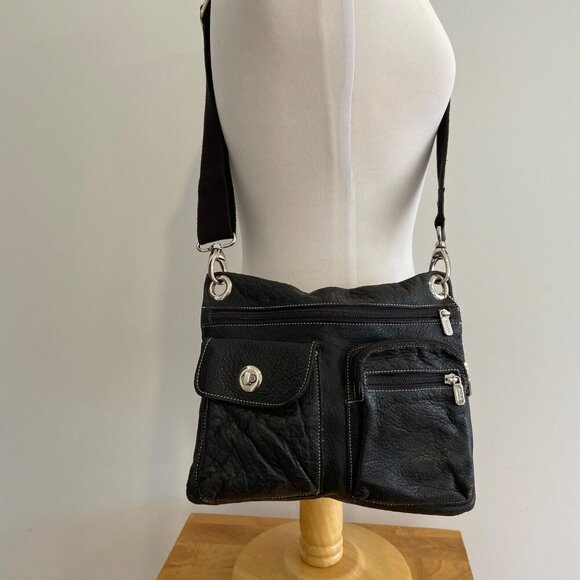 Roots 73 Black Pebble Leather Crossbody Bag Adjustable Strap & Multiple Pockets - Picture 2 of 14